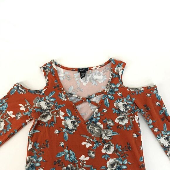 Rue21 Floral Cold Shoulder Top Size Small Orange Criss-Cross Stretch Knit Casual - Picture 4 of 9